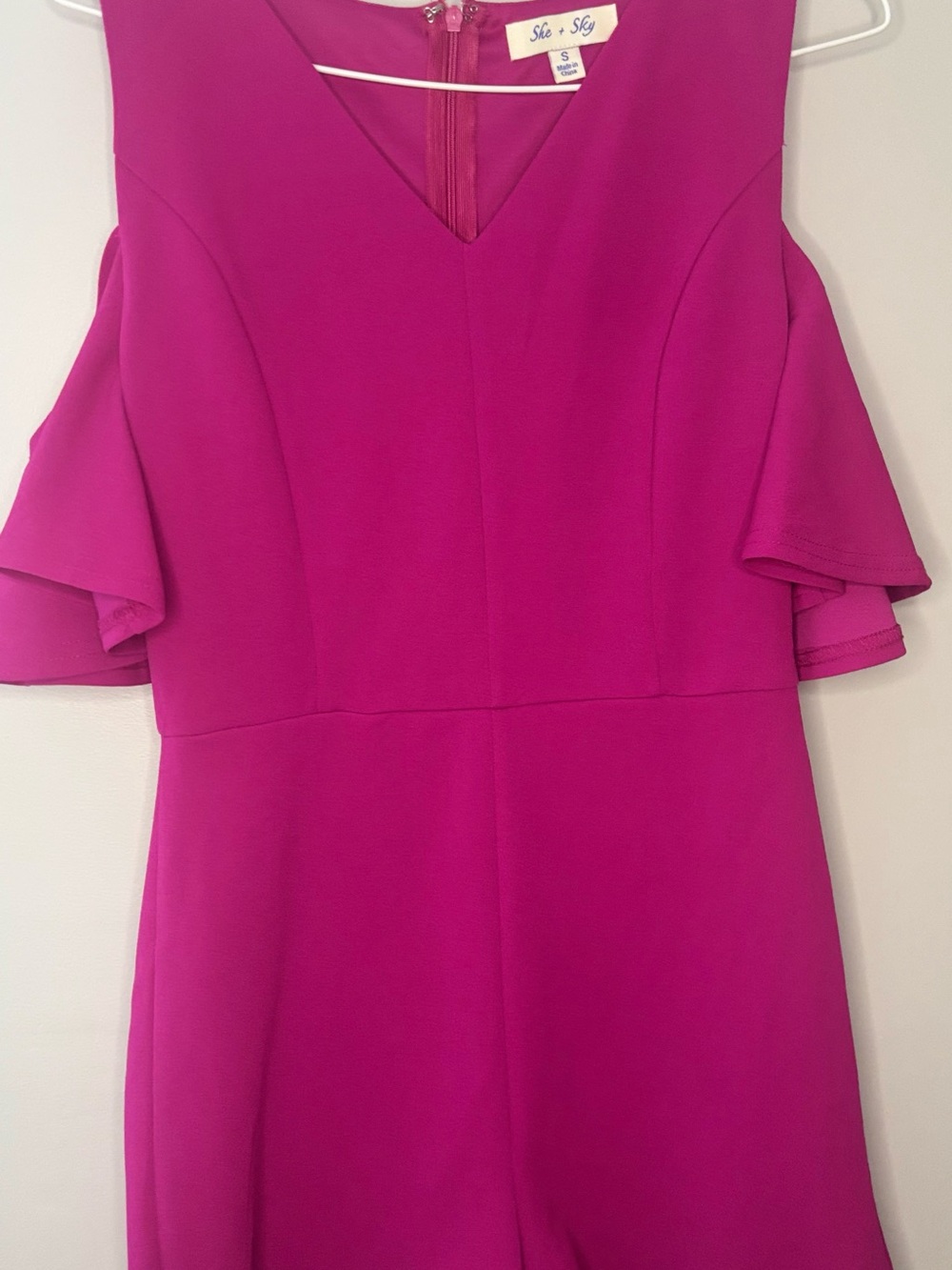 She + Sky Magenta V-Neck Cold-Shoulder Shorts Romper